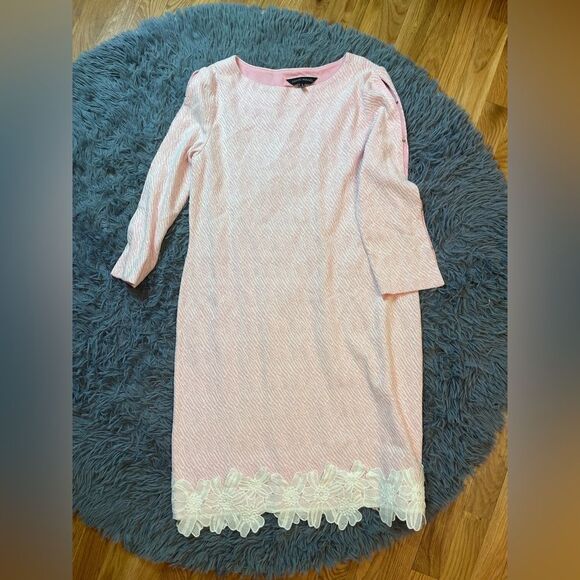 Ming Wang Floral Lace Hem Knit Sheath Dress Whisper Pink Size S - Picture 2 of 7